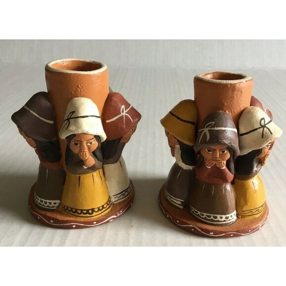 Vintage Handmade Ethnic Candle Holders Set Of 2 3 1/4"* 2.5" - Picture 1 of 4